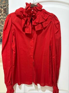 Vintage Rare Red Ruffle-Collar Button-Down Blouse - Women's Elegant Top S